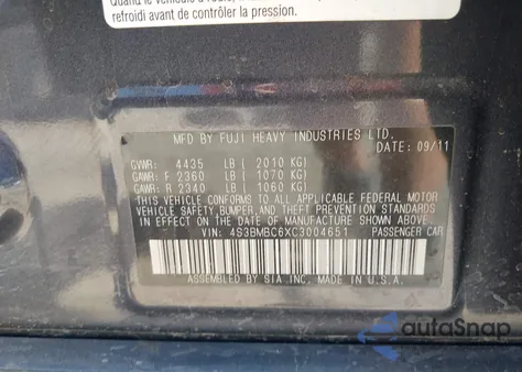 2012 Subaru Legacy 2.5I Premium from USA, damaged, VIN 4S3BMBC6XC3004651